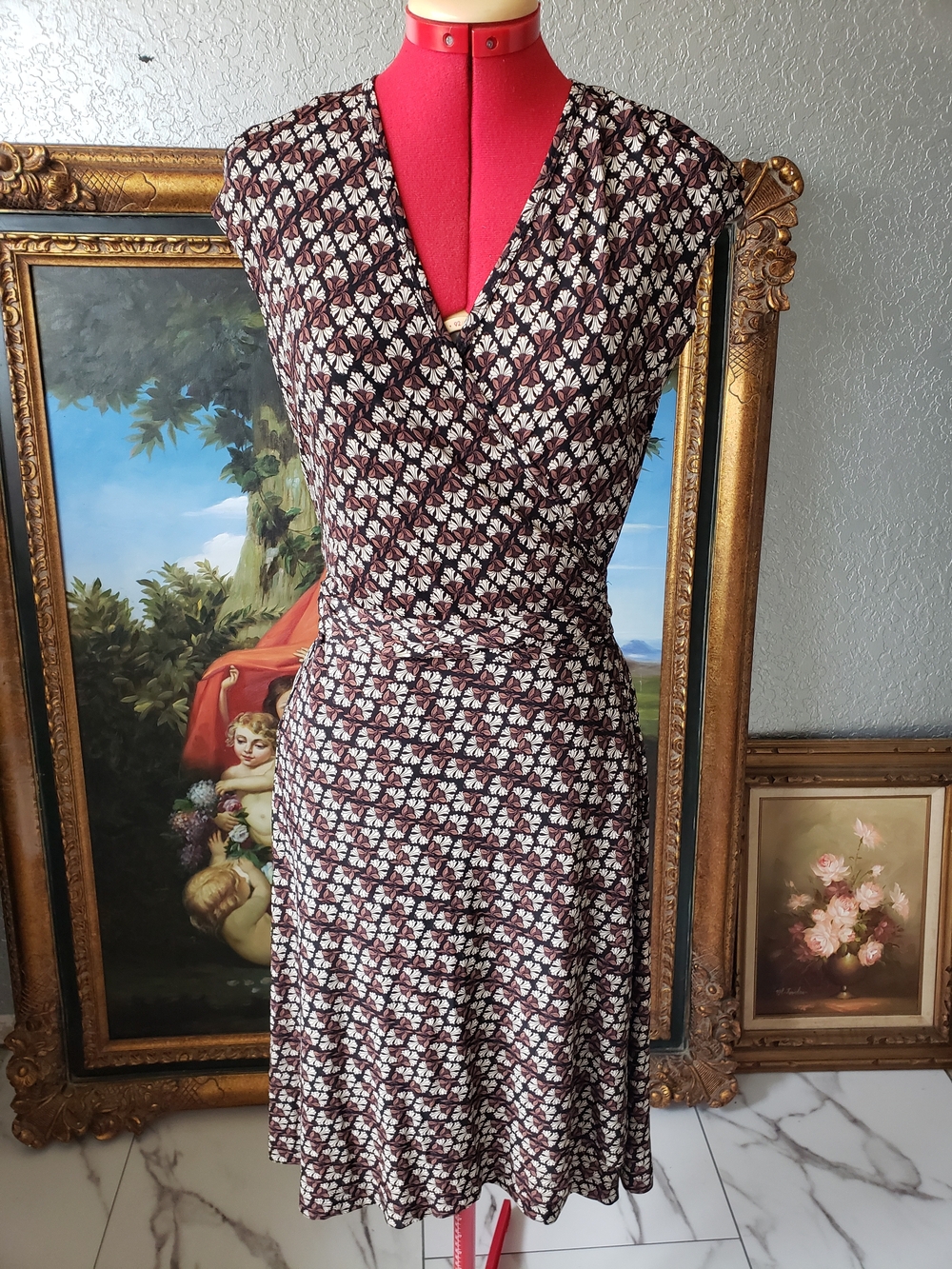 Karen Kane Brown and Cream Floral Midi Dress with Wrap V-Neck